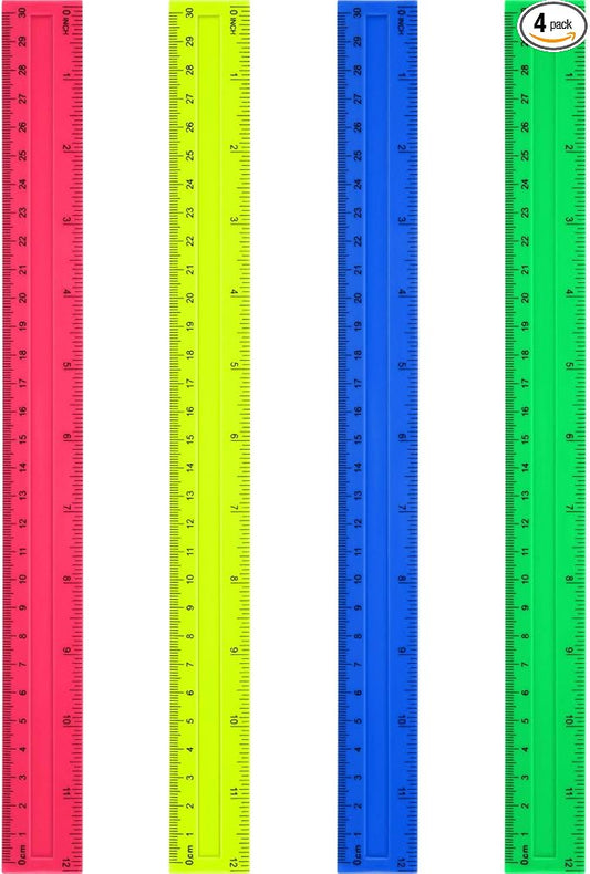 4 Packs Plastic Straight Rulers Plastic Rule Measuring Tool for Student School Office (12 Inch, Colorful)