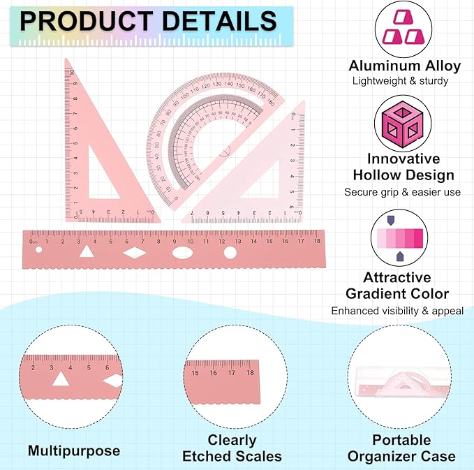 PATIKIL Geometry Set, 2 Pack 7 Inch Aluminum Ruler & 4 Triangles, Metal Protractor Ruler Math Drafting Measuring Tool for Home Office Math Drawing Engineering Art,Gradient Pink