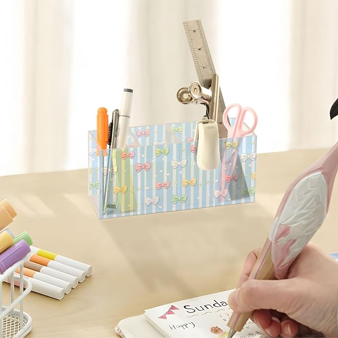 Aslsiy Bows Ribbon (20) Pen Holder for Kids 4 Compartments Acrylic Pencil Holder Clear Makeup Brush Holder Desk Organizer Office Supplies