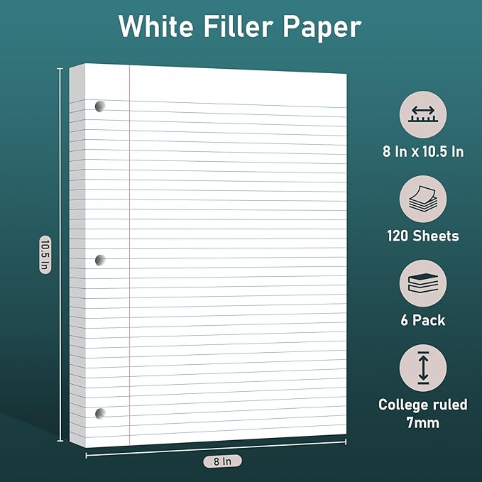 6 Pack Loose Leaf Paper, 120 Sheets Notebook Lined Pads, 8 x 10.5 College Ruled Filler Paper, 3-Hole Punched, White Loose Leaf Notebook Paper for 3 Ring Binders, for Home & Office, School Supplies