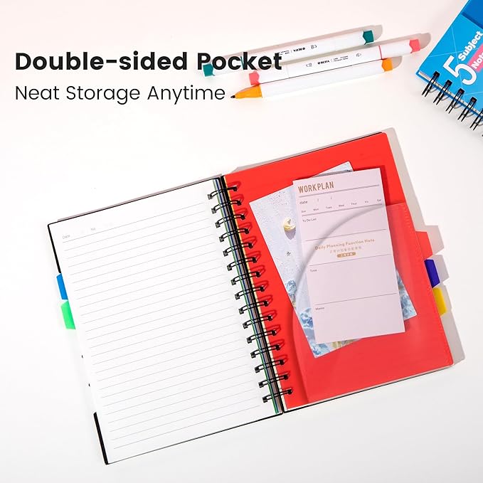 CAGIE 5 Subject Notebook, A5 Small Spiral Notebook with Removable Pocket Dividers Tabs, 240 Pages Spiral Note Book College Ruled for School Work Note taking, 6.1 * 8.27 in, Blue