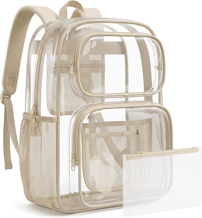 mommore Clear Backpack Set for School, Large Heavy Duty Transparent Bookbag with Pencil Bag for Boys Girls, 17 inch See Through PVC Plastic Backpack with DIY Patches for College Work Casual