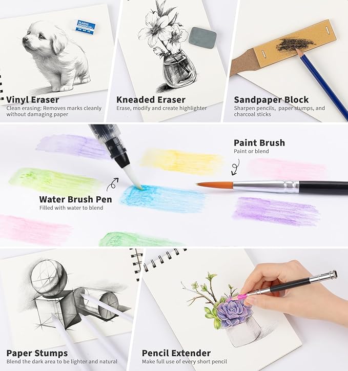 134PCS Art Supplies Sketching Kit, Drawing Set with Rainbow, Colored, Graphite, Watercolor, Metallic, Charcoal Pencils, Art Kits Drawing Pencil Set Gifts for Artists Adults Teens Girls Boys