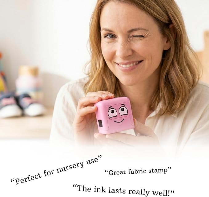 COLOP Marky Personalized Kids Name Stamp, Suitable for All Surfaces, Pink | Permanent Waterproof Clothing & Fabric Labeling, Clothing Stamp For Kids, Schools, & Daycare, Includes Labels and Thermo Tape