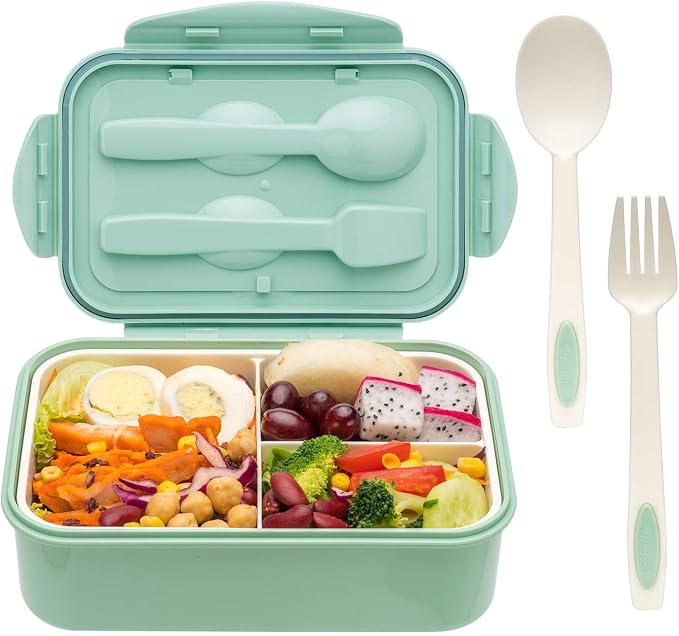 LOVINA Bento Boxes for Adults - 1100 ML Bento Lunch Box Container For Kids | Built-in Spoon & Fork - BPA-Free and Food-Safe Materials, Durable Perfect Size for On-the-Go Meal(Green)