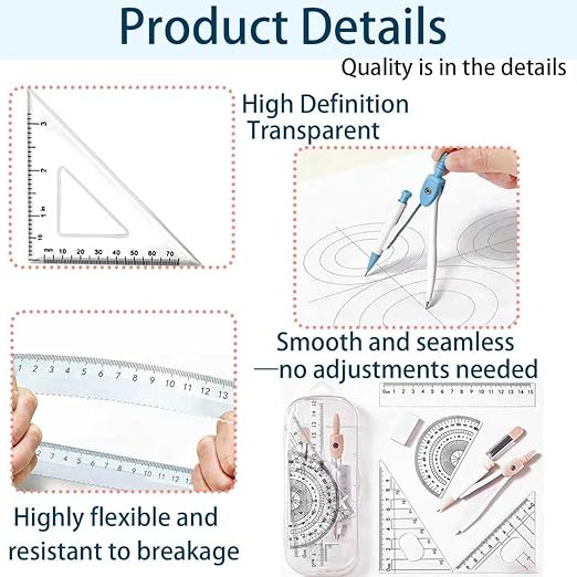 2Packs Maths Set, 7Pcs Protractor and Compass Set Geometry Sets for Secondary School Stationery Supplies - Math Ruler Compasses Geometry Sets Case for Student Secondary Stationary Supplies