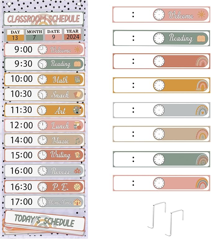MotiMind Daily Schedule Pocket Chart for Classroom, Calendar Pocket Chart 13+1 Pockets, 21 Reusable Cards for Classroom School 13" x 36" (Soft Color,Boho)