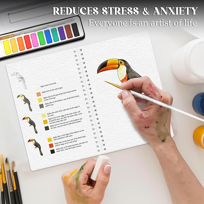 2Pcs Watercolor Workbook Beginner-Friendly Watercolor Workbook with Step by Step for Adults for Adults with 12 Colors Paint, Watercolor Paper, Beginner Watercolor Painting Kit Valentine's Day Gift