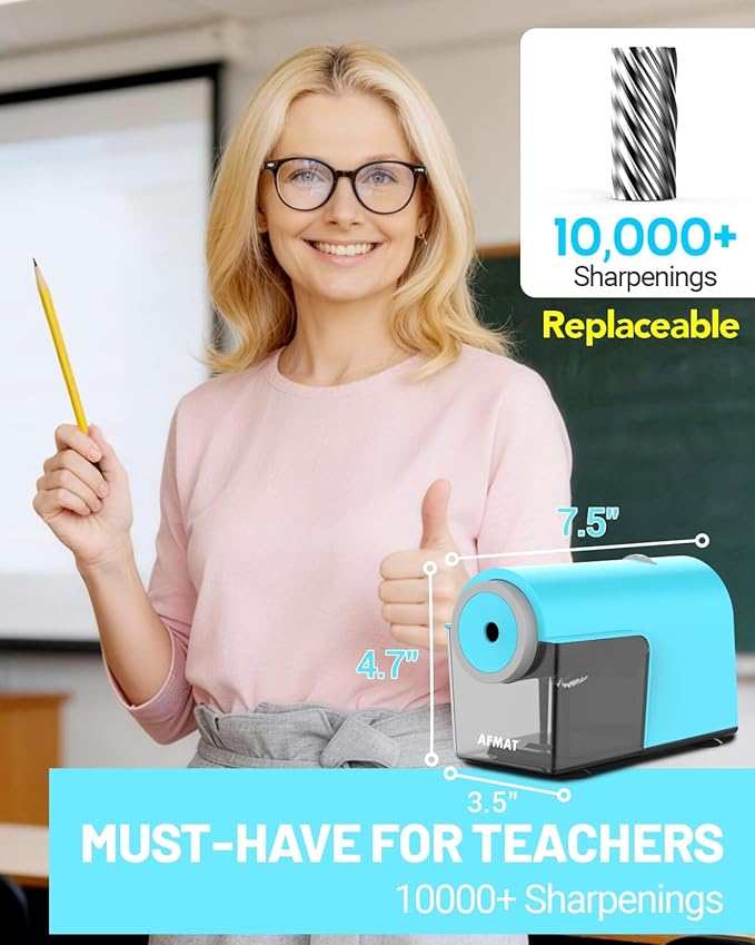 AFMAT Electric Pencil Sharpener, Fully Automatic Pencil Sharpener for 6.5-10.5mm No.2/Jumbo/Colored Pencils, Auto in & Out, 5 Sharpness Modes, 10000+ Sharpenings for Classroom Home Office, PSC5(120V)