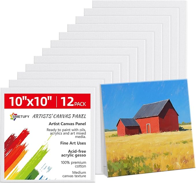 Simetufy 10x10inch Square Canvas Boards for Painting, 12 Pack Paint Canvas Panels Cotton Primed Acid Free for Acrylic, Watercolor, Gouache& Oil