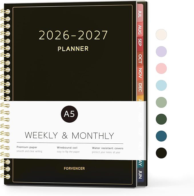 Forvencer Academic Planner 2026-2027, Weekly & Monthly Calendar Planner, July 2026-June 2027, 6" X 8", Daily Agenda Book, Flexible Cover Notebook, College School Teacher Student Organizer A5, Black