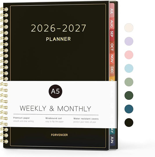 Forvencer Academic Planner 2026-2027, Weekly & Monthly Calendar Planner, July 2026-June 2027, 6" X 8", Daily Agenda Book, Flexible Cover Notebook, College School Teacher Student Organizer A5, Black