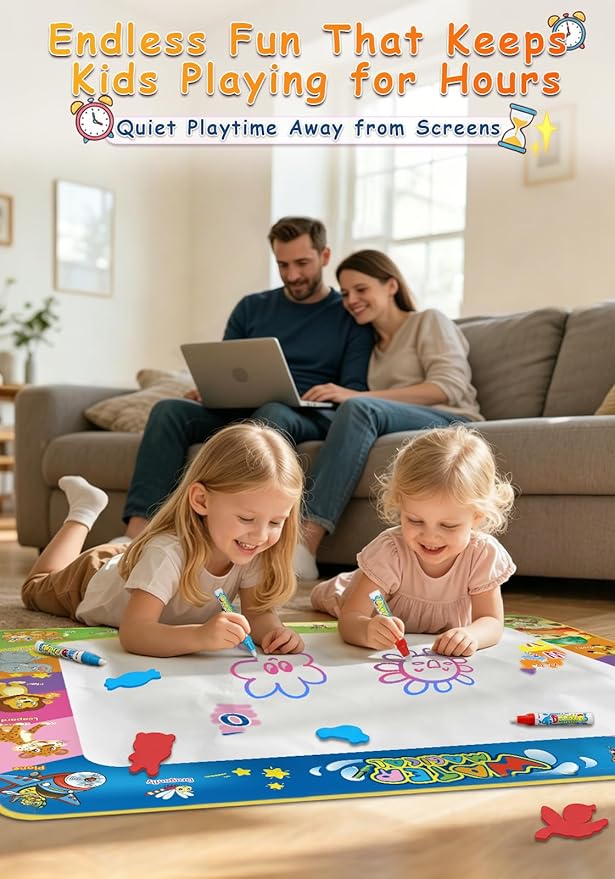 Wedopro Water Doodle Mat 40x30” - Mess-Free Toddler Toys for Ages 3-7 with 27 Pcs | Educational Drawing & Painting Mat for Kids with 24 ABC & Animals | Birthday Gift for Boys & Girls