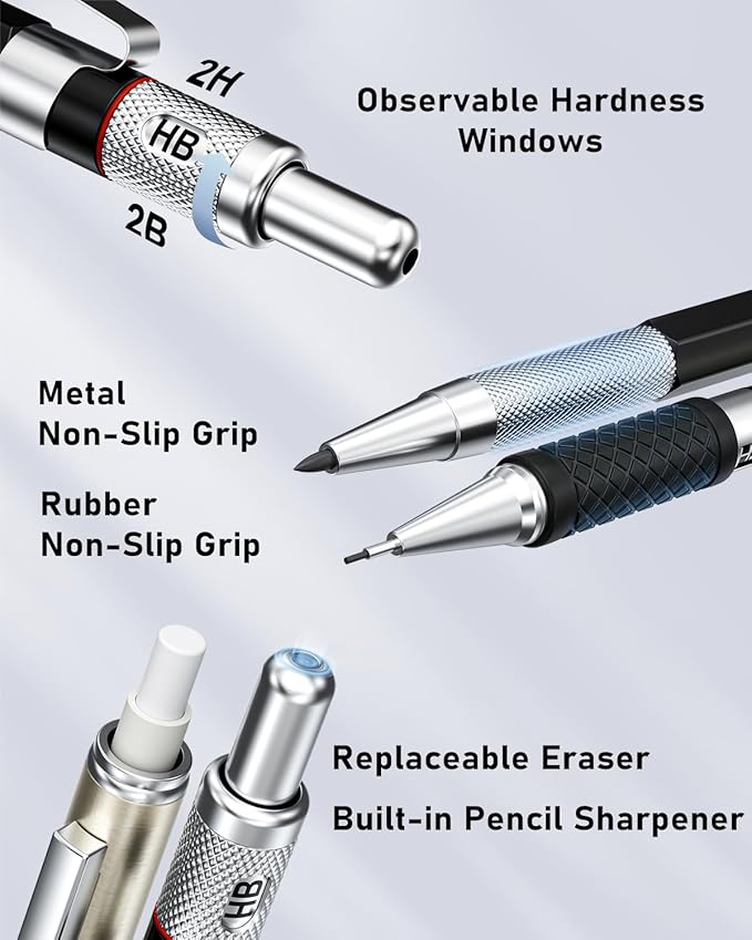 Four Candies 25PCS Mechanical Pencil Set with Case, Art Supplies with Metal Pencil 0.5, 0.7, 0.9 mm & 3PCS 2mm (HB 2H 2B 4B Color) & 432 Graphite Lead Refills, Technical Drawing Kit for Teen & Adults