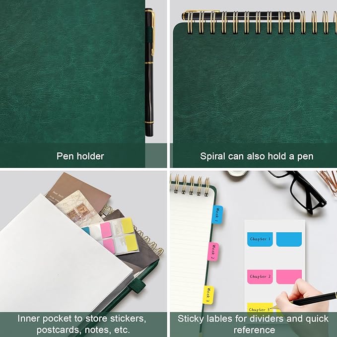 Mousbull A4 Top Spiral Notebook, Large Leather Hardcover Top Bound Steno Pads, 240 Pages 100 gsm Thick Lined Paper Left Handed Notebook Journal for Work, School, Meeting Writing - Green, 8.5" x 11"