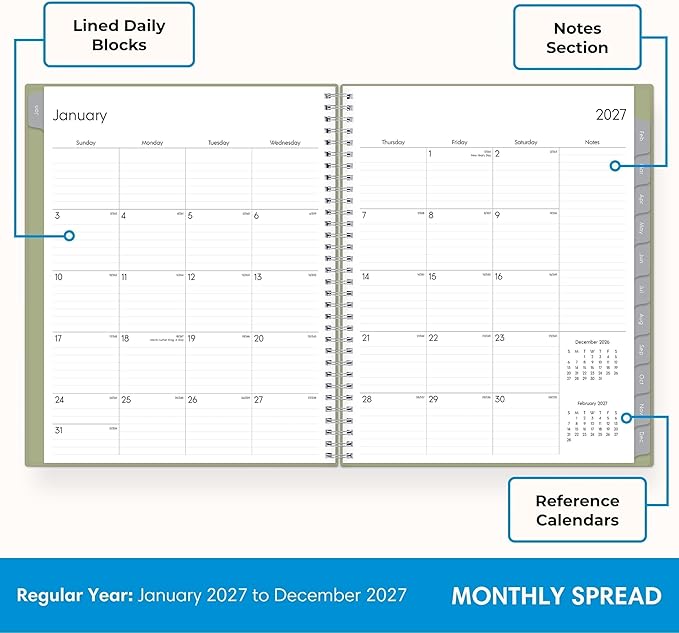 Blue Sky 2027 Weekly and Monthly Planner Calendar, Includes January 2027 - December 2027, 8.5" x 11", Flexible Cover, Wirebound, Laminated Tabs, Storage Pocket, Enterprise Sage Green