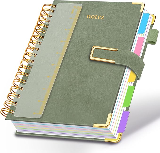 Hardcover Spiral Notebook College Ruled, 8"x10" Leather Journal Notebook with Magnetic Closure, 300 Pages 5 Subject Notebook with Dividers Tabs Journal for Women Men, Work, School(Sage Green)
