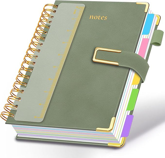 Hardcover Spiral Notebook College Ruled, 8"x10" Leather Journal Notebook with Magnetic Closure, 300 Pages 5 Subject Notebook with Dividers Tabs Journal for Women Men, Work, School(Sage Green)