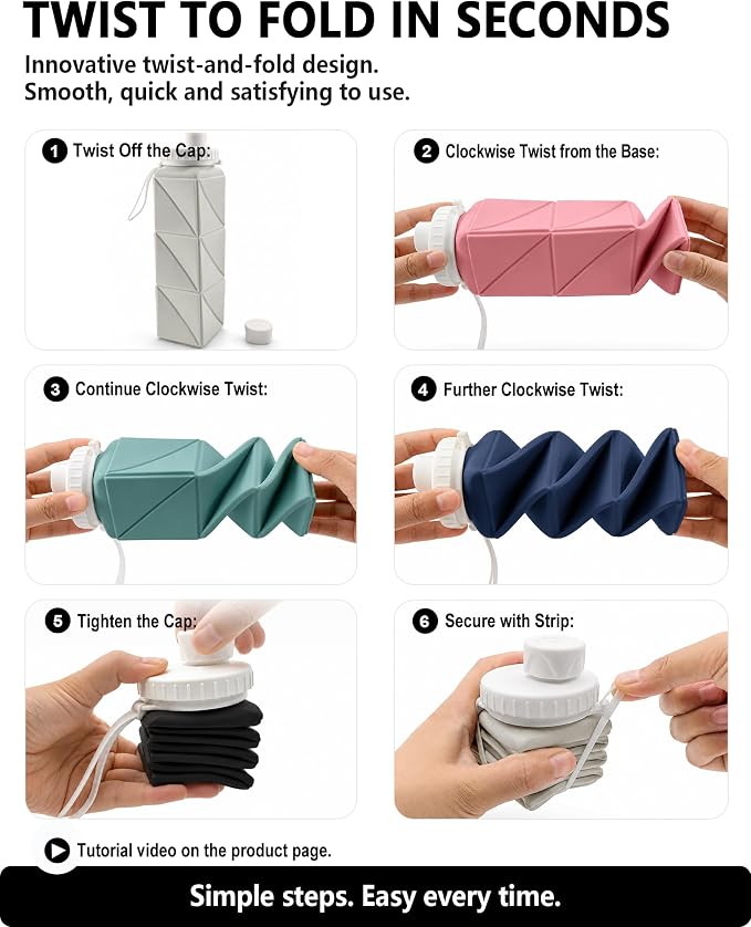BEAUTAIL Collapsible Water Bottles 21oz/610mL, Silicone Travel Water Bottle | BPA Free, Leakproof & Reusable, Foldable Water Bottle for Traveling, Hiking, Gym, School, Sports, Outdoor, 1-Pack, Black