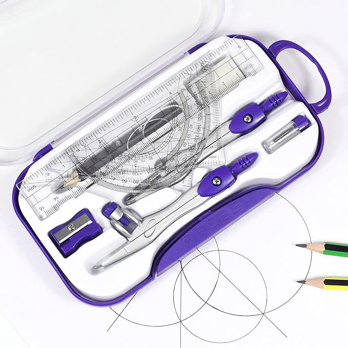Vobou 10 Pieces Math Geometry Kit Set Student Supplies with Shatterproof Storage Box,Includes Rulers,Protractor,Compass,Eraser,Pencil Sharpener,Lead Refills,Pencil,for School and Drawings（Purple）