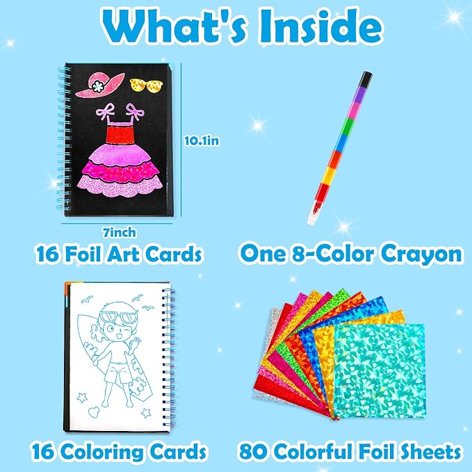 FUNNYB&G Foil Art Craft Kit for Kids 4-10 Years Old: Mess-Free & No-Glue, Create 16 Sparkly Happy Summer Pictures – Perfect Travel Toy & Birthday Gift for Kids(Summer