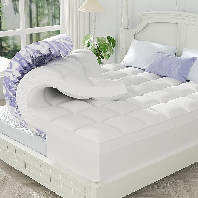 ChiXpace Dual Layer 5 Inch Memory Foam Mattress Topper Full | 3 Inch Pillow Top Mattress Pad Cover and 2 Inch Gel Memory Foam, 7-Zone Egg Crate & 2-in-1 Design (Cream)