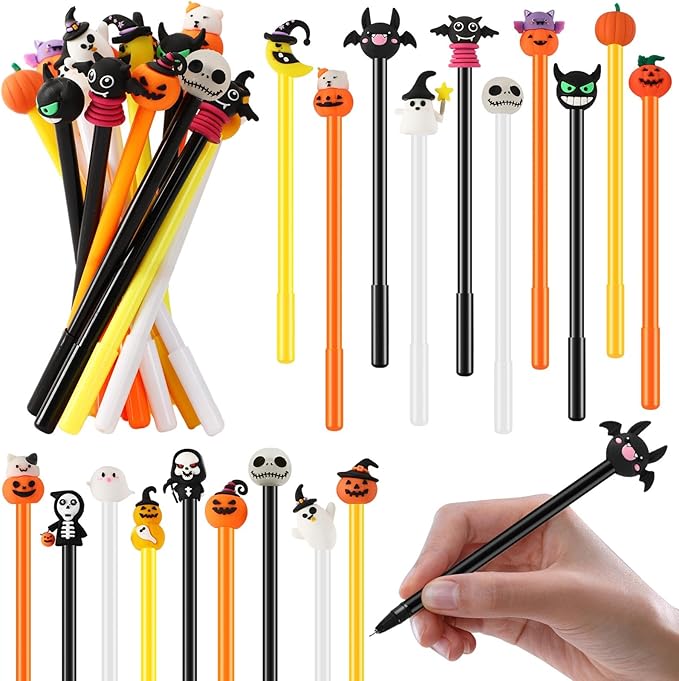 SANNIX 20pcs Halloween Cartoon Pens, Novelty Pumpkin Ghost Skull Bat Gel Ink RollerBall Pens for Halloween Birthday Party Favors Gift Home Supplies