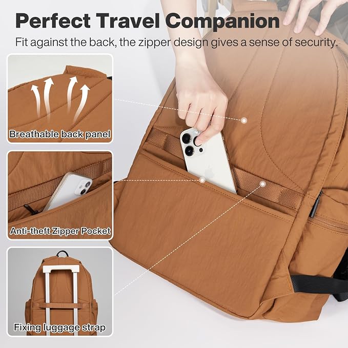 mixi 17 Inch Casual Travel Daypack, Lightweight Laptop Backpack, Brown | Ultra Light Backpack, Fits 15.6in Laptop, Water/Oil/Stain Resistant, Anti-Theft Pocket&Luggage Strap for College Work Hiking