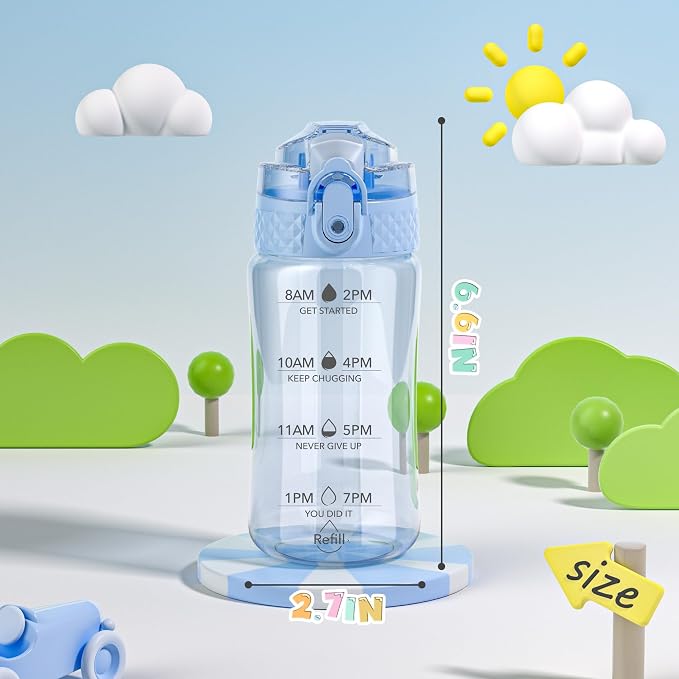 OLDLEY 12oz Kids Water Bottle, Tritan BPA-Free, Leakproof Flip Straw Lid, Motivational Time Marker, Carry Strap, Reusable Clear Water Bottle for Boys & Girls,Baby Blue