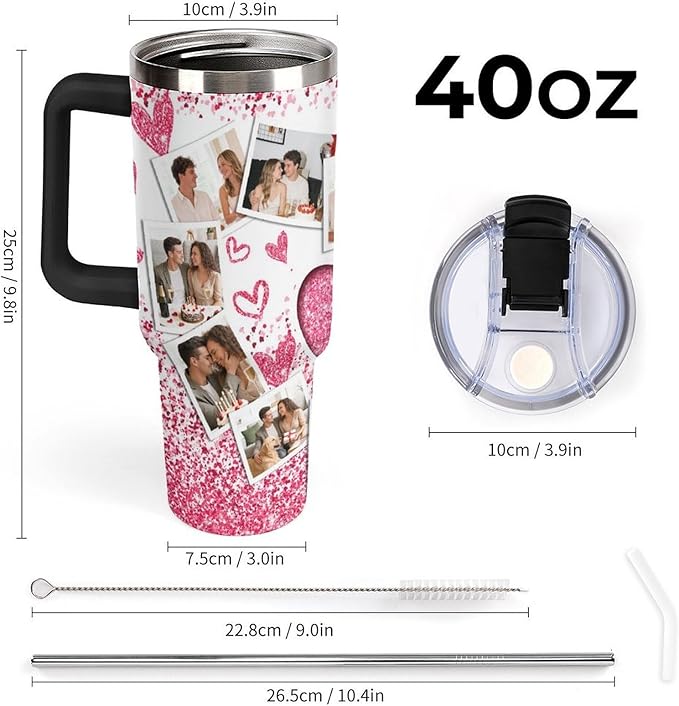 Personalized Tumbler Custom Vacuum Insulated Travel Mug Customizable Coffee Cup with Your Photos and Text Christmas Birthday Gift (Heart Shaped Photo)