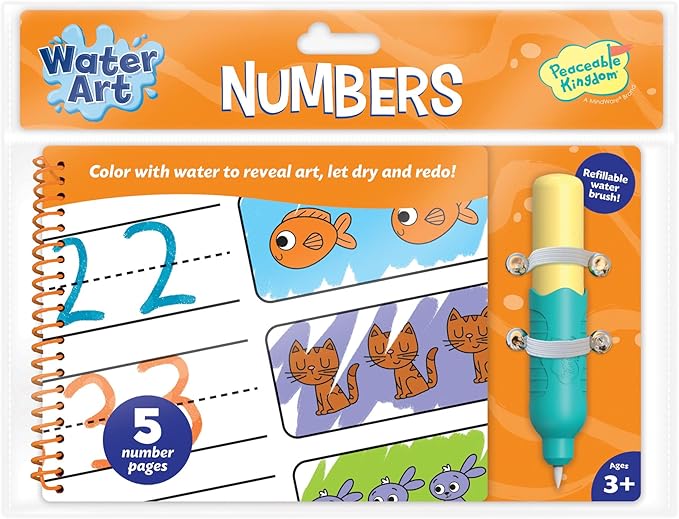 Peaceable Kingdom Water Art Numbers Activity Book, Reusable Water Brush Coloring Pad with Number Tracing Counting Practice, Mess Free Creative Learning, Kids Age 3+, Early Math Skill Builder