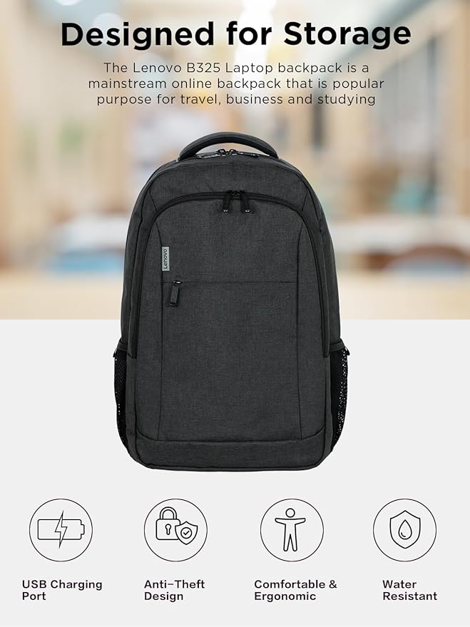 Lenovo B325 Laptop Backpack, Grey, 17-Inch, Water-Resistant Travel Backpack with External USB Port, Anti-Theft Design, Luggage Strap, for Men & Women, Perfect for Work, and Travel