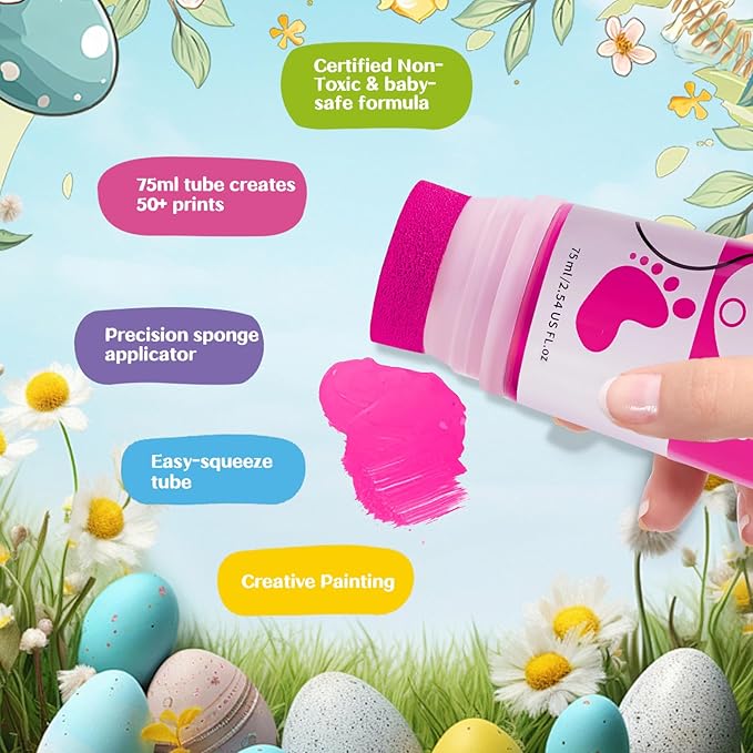 Baby Hand and Footprint Paint with Sponge Head, 2.54 fl oz, Non-Toxic & Acid-Free, Washable Baby Safe Paint for Newborn Keepsakes, Dog Nose & Paw Prints, Ideal New Mom Gift - Hot-Pink