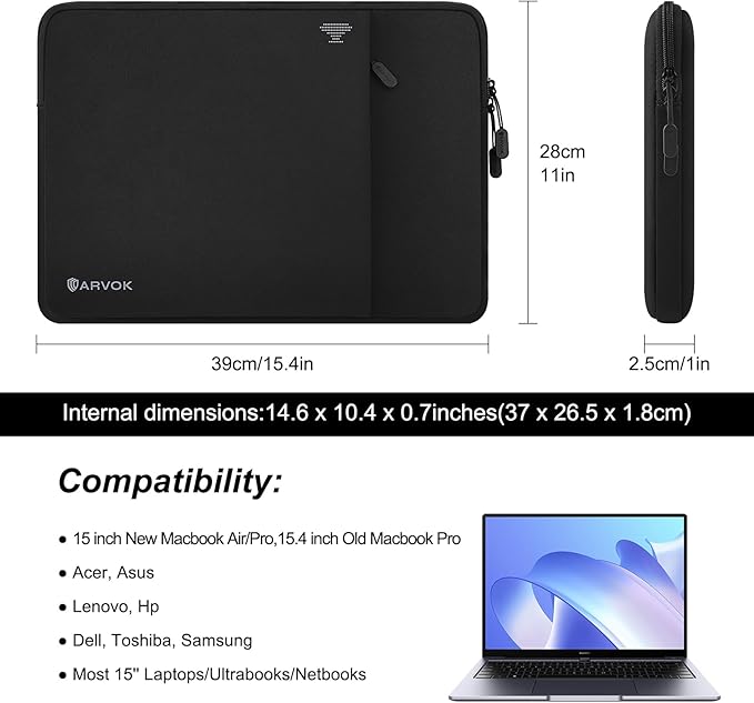 ARVOK 15 15.6 16 Inch Laptop Sleeve with Front Pocket, Shockproof 360 Protective Laptop Case Briefcase Handbag, Computer Carrying Bag Compatible with MacBook Air/Pro, Lenovo/HP/Dell/Asus/Acer, Black