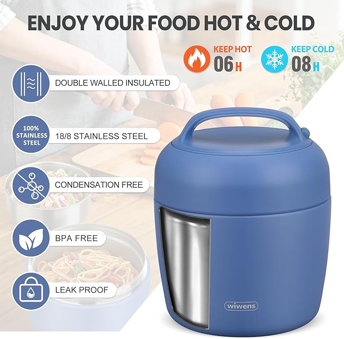 wiwens Thermo Food Jar for Hot Food Adults 32OZ Soup Thermo Lunch Containers Wide Mouth Vacuum Insulated Stainless Steel Leakproof Bento Box with Spoon