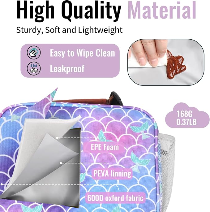 Genteen Lunch Box for Kids, Boys - Insulated Small LunchBox Reusable, Zip Closure & Buckle Handle, Portable Cooler for Work, School, Travel (Mermaid)