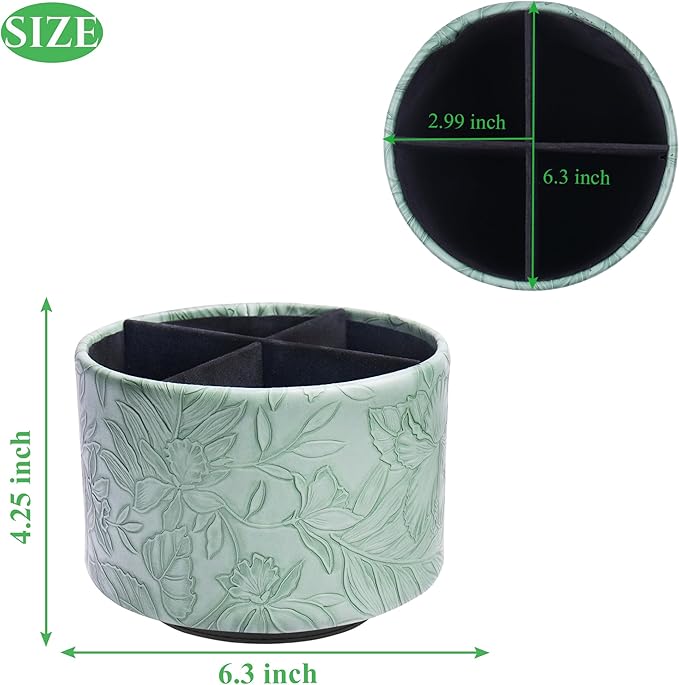Round Leather Art Supply Organizer,Remote Control Holder,360 Degree Spinning,Multi-Functional Pencil Holder,4 Compartments Desktop Stationary Organizer(1-Carved Dark Green)