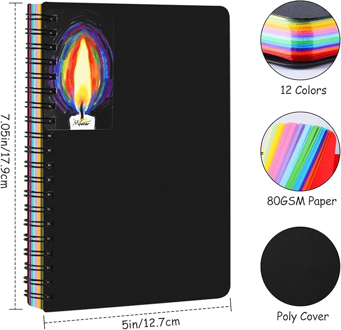 5x7in 12 Colors Paper Sketchbook, 80gsm Spiral Bound Art Journal Sketchbook, 92Sheets Acid-Free Travel Pocket Sketch Pad for Drawing, Illustration, Ideal for Most Dry Media