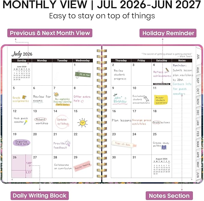 Academic Planner 2026-2027, Weekly and Monthly Calendar Book, July 2026 – June 2027, Hardcover Planner with Tabs, Perfect for Teachers, Students, Women & Men, A4 (8.5" x 11") - Hills