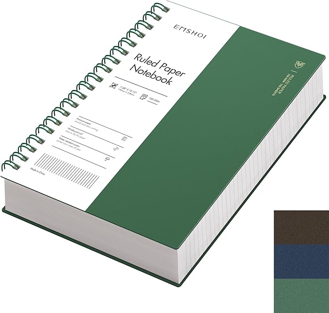EMSHOI B5 Spiral Notebook College Ruled Lined Journal, Large 7.48" X 10.15", 300 Pages/150 Sheets, 100gsm Thick Paper, Waterproof Hardcover, for Office School Women Men Work Writing Notes, Green
