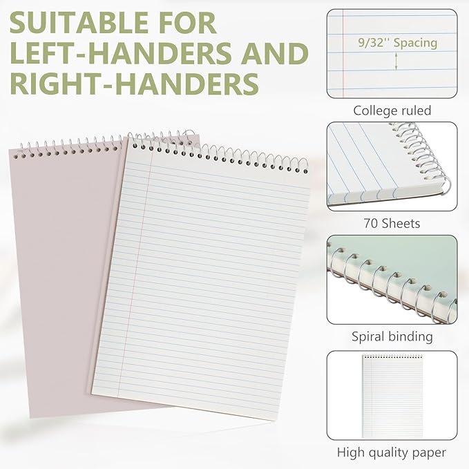 Resurhang 6 Pack 8.5 x 11'' Office Steno Book Double-sided Spiral Steno Books College Ruled White Paper 70 Sheets/Pad Pastel Colors Covers for School Office(Fresh Tone,Classic Style)