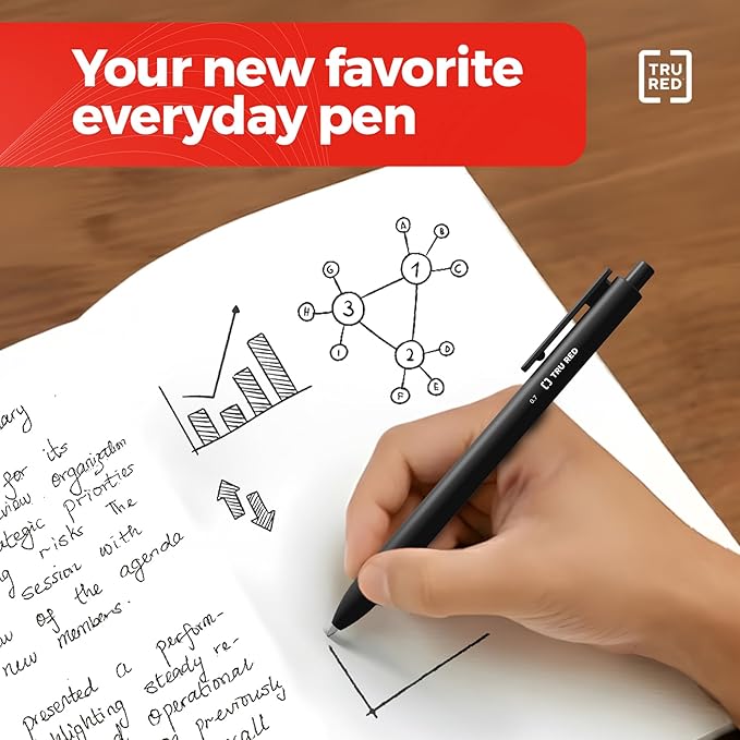 TRU RED Retractable Gel Pens, Medium Point 0.7mm, Black Ink, 5 Pack – Quick‑Dry Pens for No‑Smear Notes & Office Writing