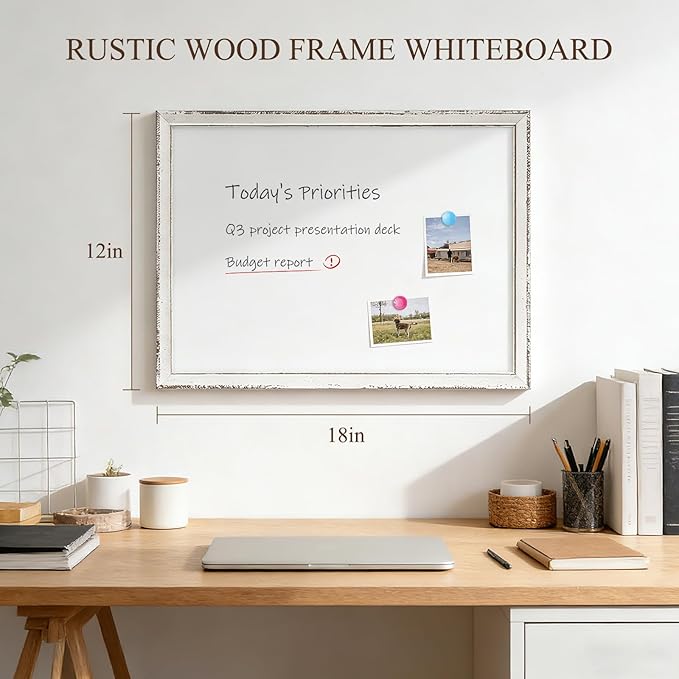 White Board for Wall, 18" x 12" Magnetic Dry Erase Board, Vintage Wooden Frame Decorative Whiteboard, Wall Mounted, White-Washed, Aesthetic Writing Board for Home, Office, School