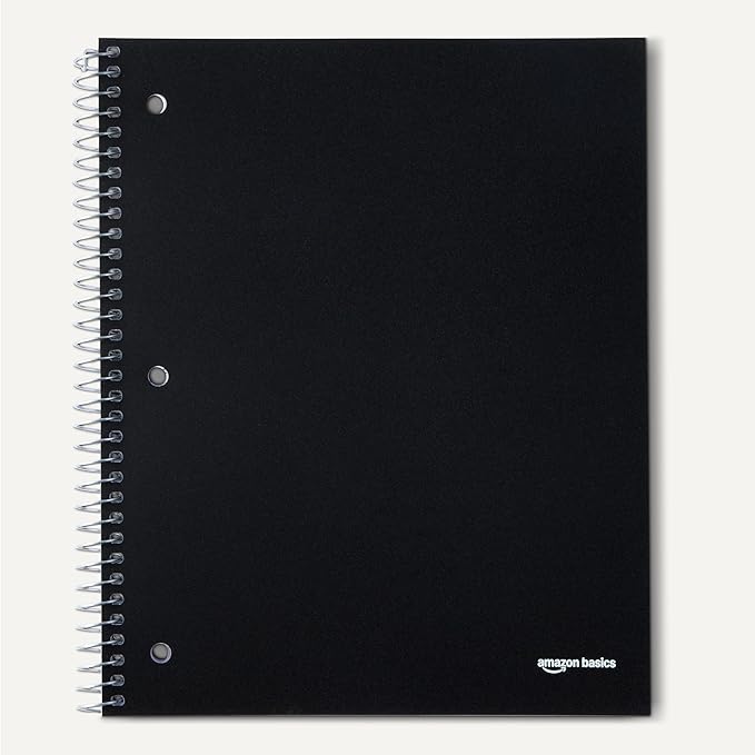 Amazon Basics Wide-Ruled Spiral Notebooks with Pocket Divider, 8" x 10.5", 100 Sheets, Perforated Pages, Assorted Primary Colors, 3-Pack