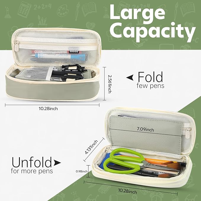 PUPTILY Pencil Case, Large Capacity Aesthetic Pencil Cases with Durable Zipper, Big Stationery Pencil Pouch for Women & Men, Adults Portable Storage Organizer Bag for College, Office, Travel (Green)