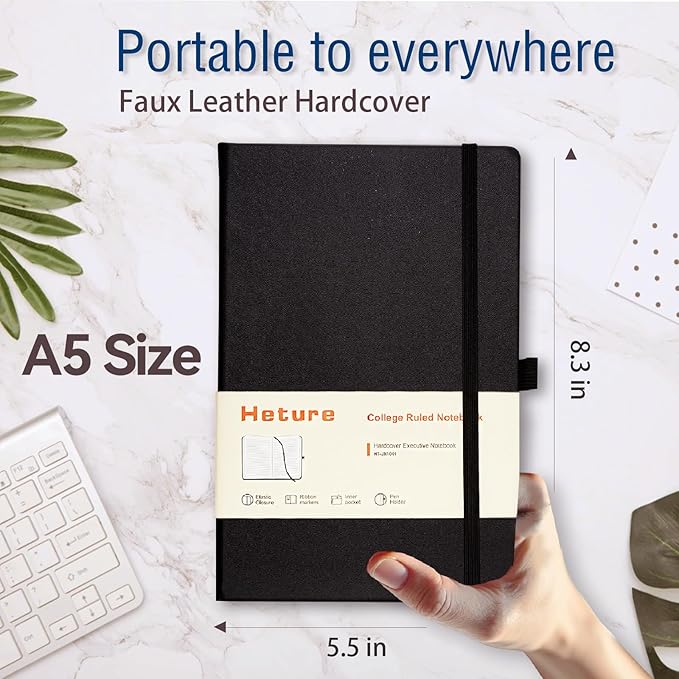 Heture Hardcover Notebooks, A5 Lined Journals Notebook for Writing 160 Pages, 8.2 x 5.5 inch, Classic Ruled Notebooks for College/Work/Travel (Lined-1 Pack, Black)