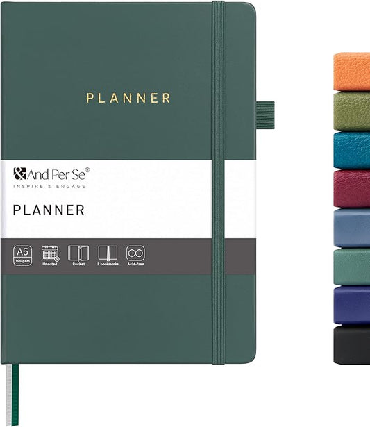 And Per Se Undated Planner, Weekly & Monthly Planner with Goal & Habit Tracker, A5 Leather Hardcover Productivity Journal for Academic Year (Forest Green)