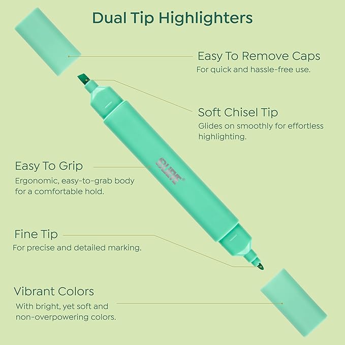 BLIEVE Aesthetic Cute Highlighters No Bleed Through, Dual Tip Chisel & Fine Point, Pastel Colors For Bible & Journaling