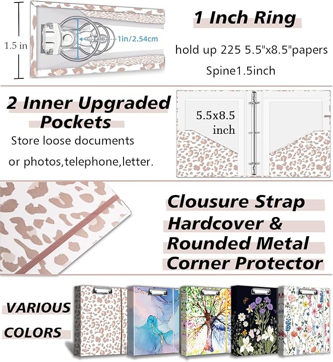 Mini 3 Ring Binder 1 Inch for 5.5"x8.5" Paper, Cute Small Three Ring Binders with Clipboard,5-Tab Dividers, Interior Pocket, Spine ID Label Holder, BVSSX A5 Binder with Pen Holder,Leopard