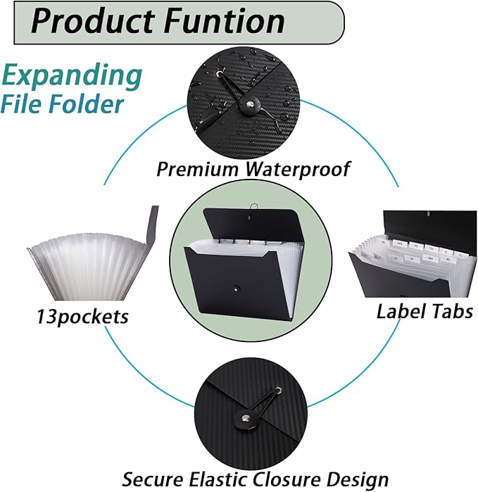 A4 Paper Document Organizer Expanding File Folder with 13 Pockets Accordion File Holder with Tabs for Home School Office, Black Plastic Material